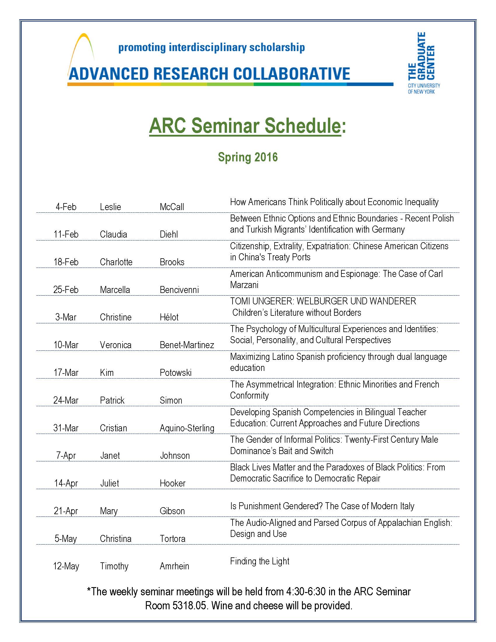 ARC Seminar Schedule for Spring 2016 The Ph.D. Program in History